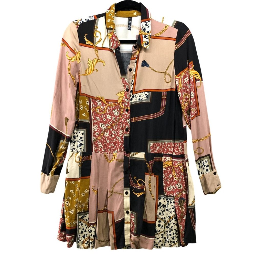 Zara Long Sleeve Mini Shirt Dress‎ Womens S Patchwork Chain Print Pleated Rayon